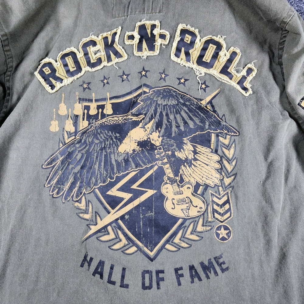 Rock & Roll Hall of Fame Mens Small Olive Green Military Patch Button Down Shirt - Picture 6 of 9